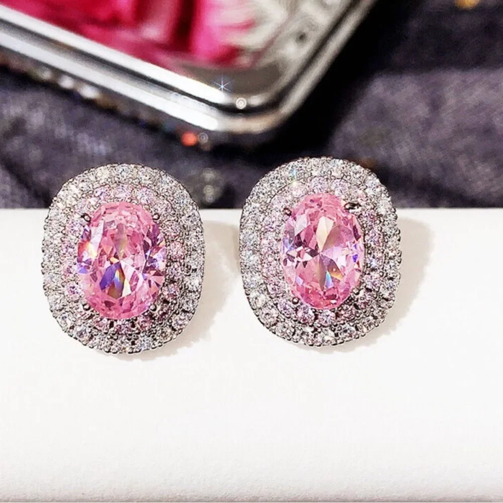 Pink Oval CZ Halo Stud Earrings Silver Tone Glam Statement Earrings